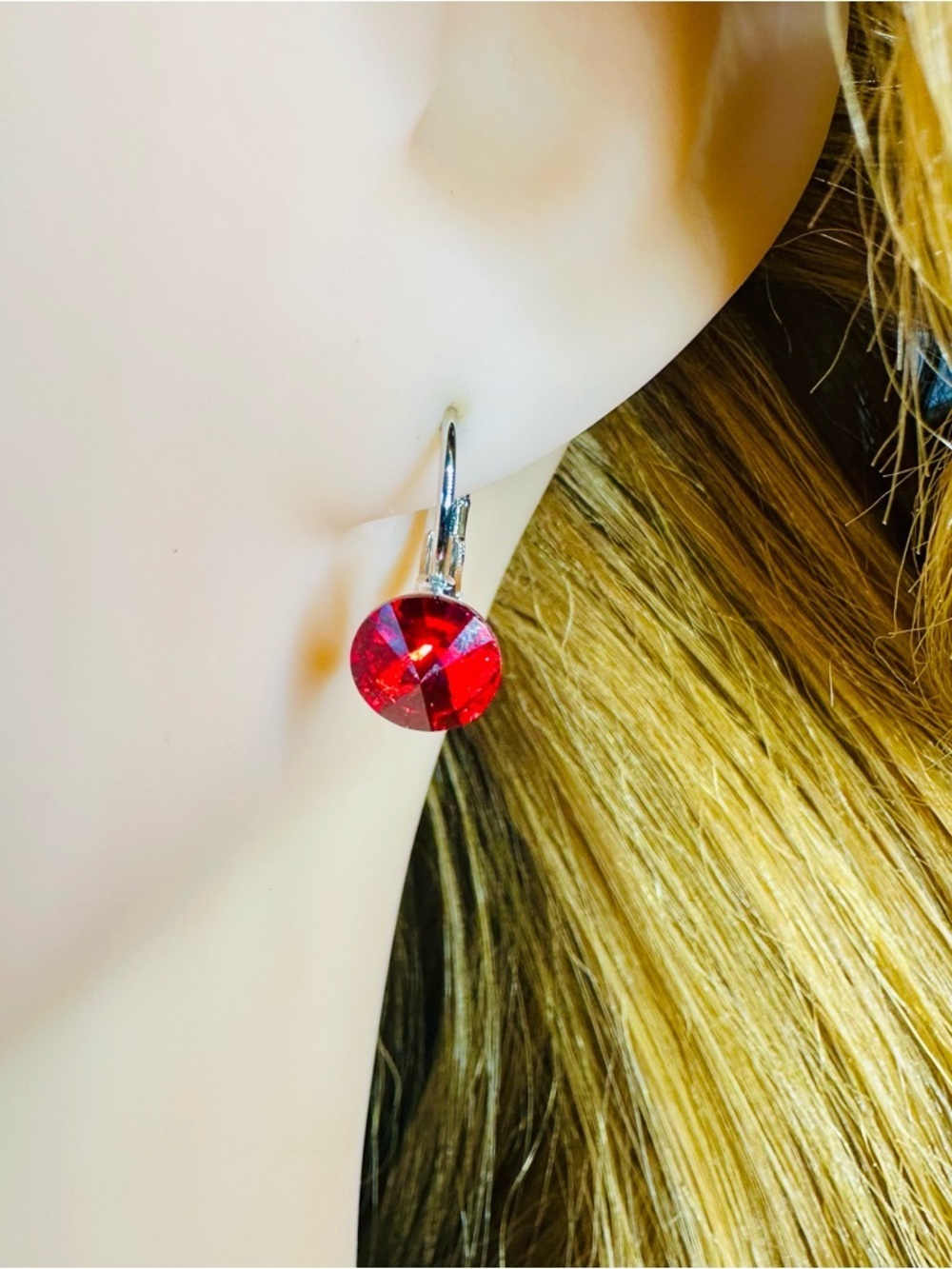 Swarovski Elements Round Crystal Drop Earrings Red Faceted Gem Silver Tone